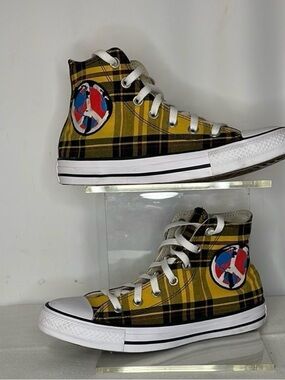 High-Top Plaid Converse Sneakers in Yellow and Black Size 8 Unisex